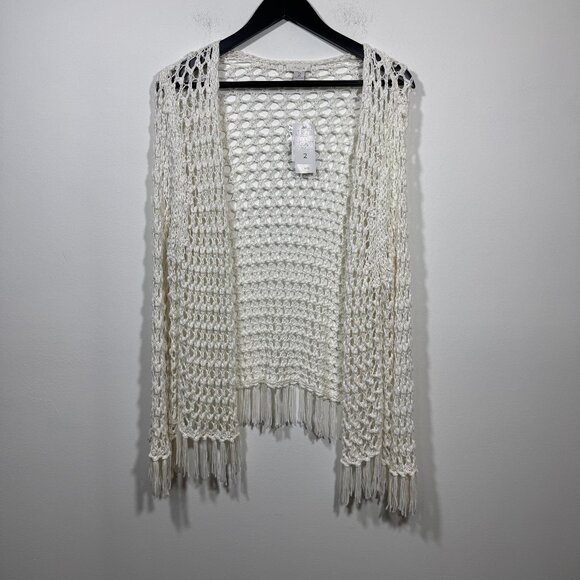 Chico’s Knitted Crochet Fringe BohoCardigan Size 2 US L Linen Blend Beach